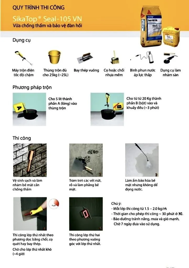Hướng dẫn chi tiết quy trình thi công chống thấm SikaTop Seal 105 đạt hiệu quả cao
