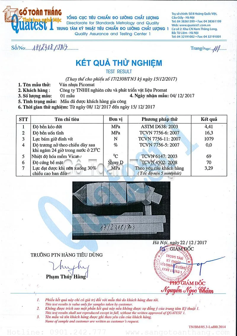 Kết quả kiểm định thông số kỹ thuật ván nhựa PVC chịu nước