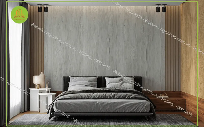 Không gian phòng bếp với tường ốp tấm nhựa vân đá sáng màu, giúp bảo vệ tường khỏi dầu mỡ và hơi ẩm, dễ dàng lau chùi.