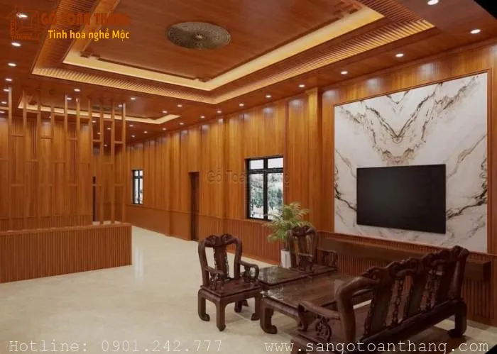 Không gian phòng khách được ốp trần nhựa nano với thiết kế hiện đại