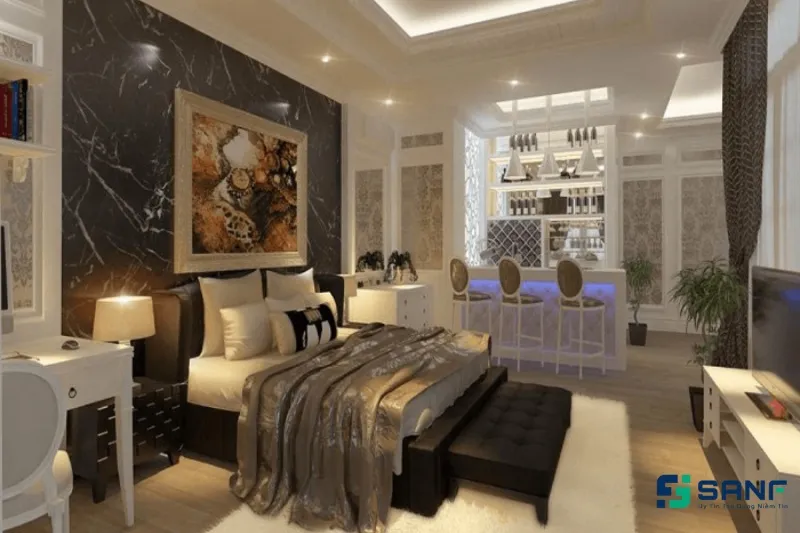 Không gian phòng ngủ hiện đại với tấm nhựa ốp tường vân đá cẩm thạch đen, tạo vẻ đẹp cuốn hút.