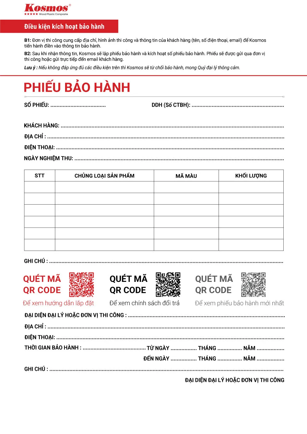 Mặt sau phiếu bảo hành chi tiết các điều khoản cho ốp gỗ nhựa ASA