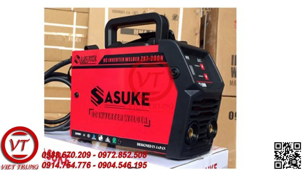 mặt trước máy hàn điện tử sasuke zx7 200n hiển thị các nút điều khiển và phụ kiện đi kèm