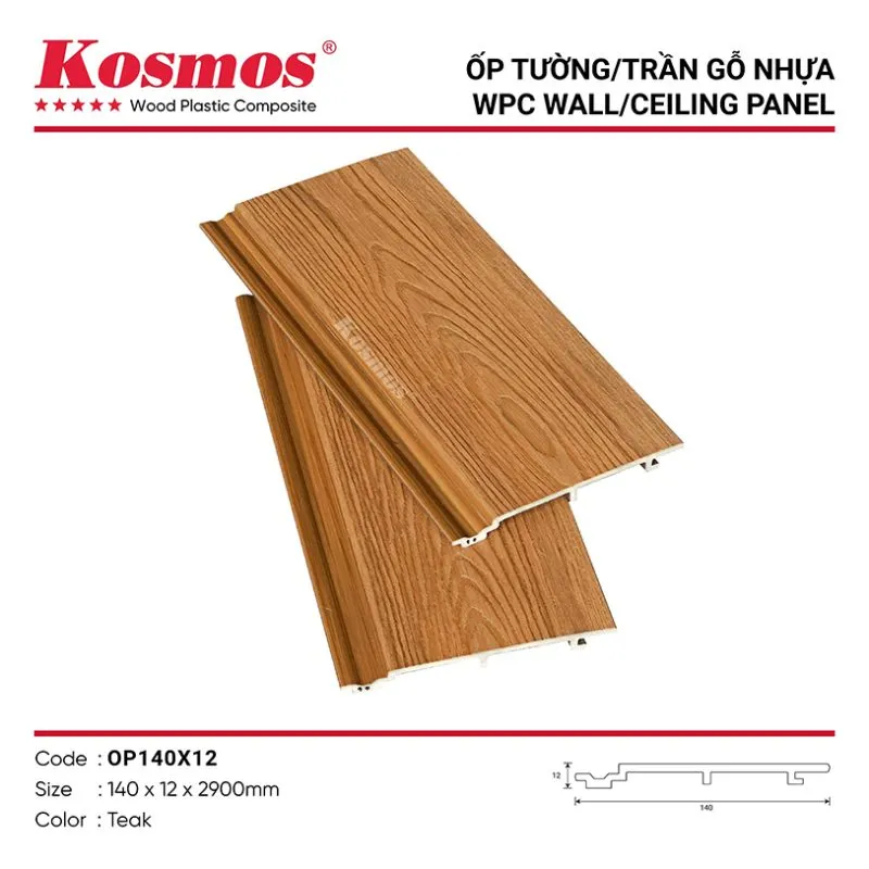 Mẫu ốp gỗ nhựa phẳng phủ ASA màu Teak mã OP140X12 với vân gỗ tự nhiên
