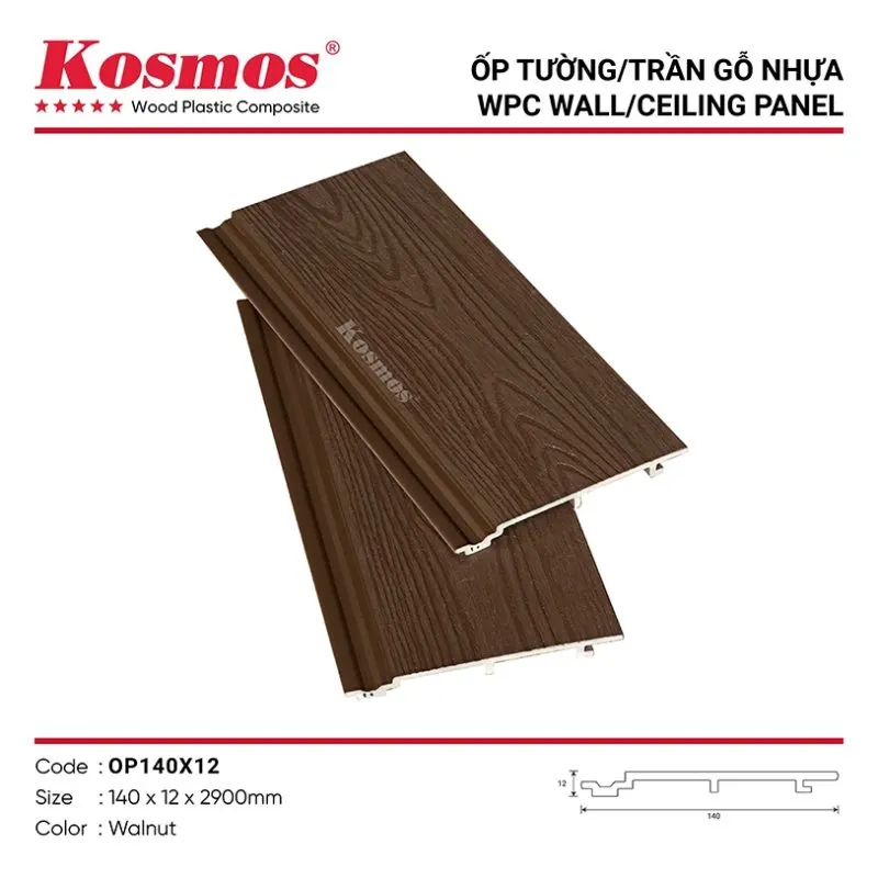 Mẫu ốp gỗ nhựa phẳng phủ ASA màu Walnut mã OP140X12 mang vẻ đẹp sang trọng