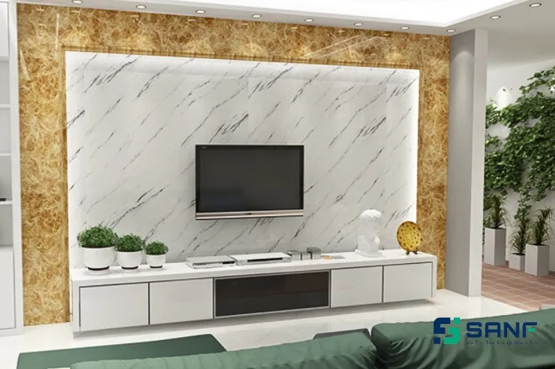 Mẫu phòng khách ốp tường vân đá hiện đại