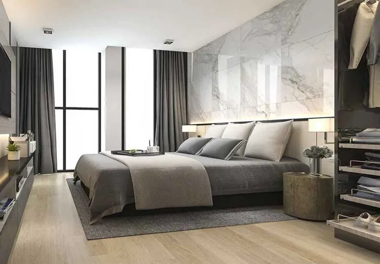 Mẫu phòng ngủ ốp nhựa giả đá vân mây kết hợp đèn led tạo điểm nhấn độc đáo