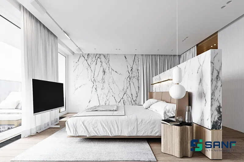 Mẫu phòng ngủ ốp tường giả đá cẩm thạch rộng rãi