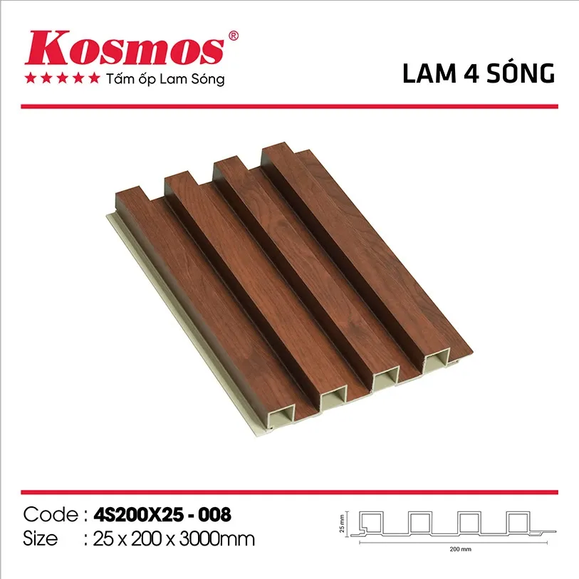 Mẫu tấm ốp lam 4 sóng cao PVC 4S200X25-008 vân gỗ cho không gian lớn