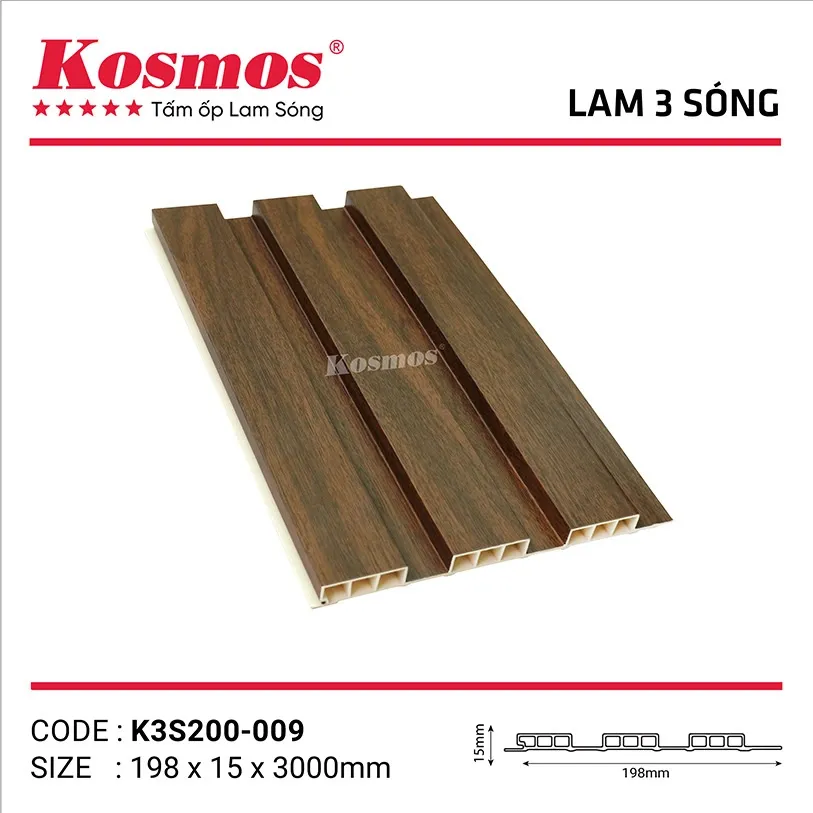 Mẫu tấm ốp lam sóng PVC K3S200-009 vân gỗ cho không gian sống