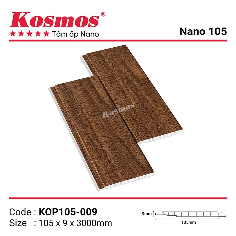 Mẫu tấm ốp nhựa PVC pha bột đá KOP150-009 với vân gỗ ấm áp