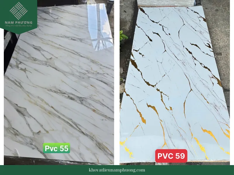 Mẫu tấm ốp PVC vân đá 55 và 59, với thiết kế vân đá hiện đại, phù hợp cho không gian sang trọng.