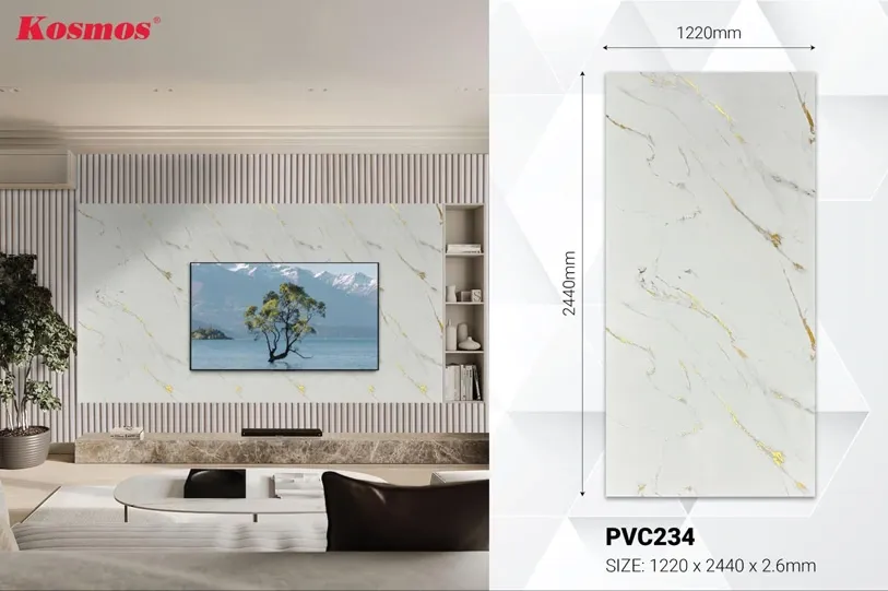 Mẫu tấm ốp PVC vân đá vàng PVC234 với họa tiết vân mây trắng thanh lịch