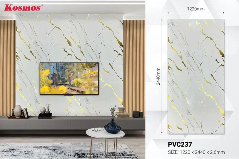Mẫu tấm ốp PVC vân đá vàng PVC237 với vân mây vàng dày ấn tượng trên nền trắng