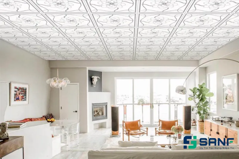 Mẫu tấm ốp trần nhựa 3D sáng màu, tạo không gian sang trọng