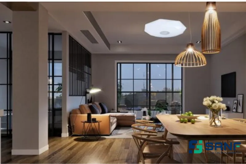 Mẫu tấm trần nhựa 3D giả gỗ giúp thống nhất tông màu giữa bếp và khách