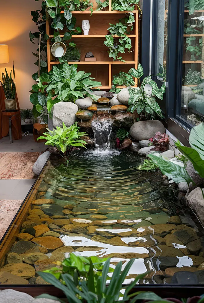 Mẫu tiểu cảnh hồ cá trong nhà với cảnh quan mở