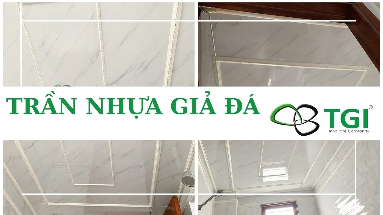 Mẫu trần nhựa PVC giả đá đẹp với thiết kế hiện đại, phù hợp cho phòng khách.