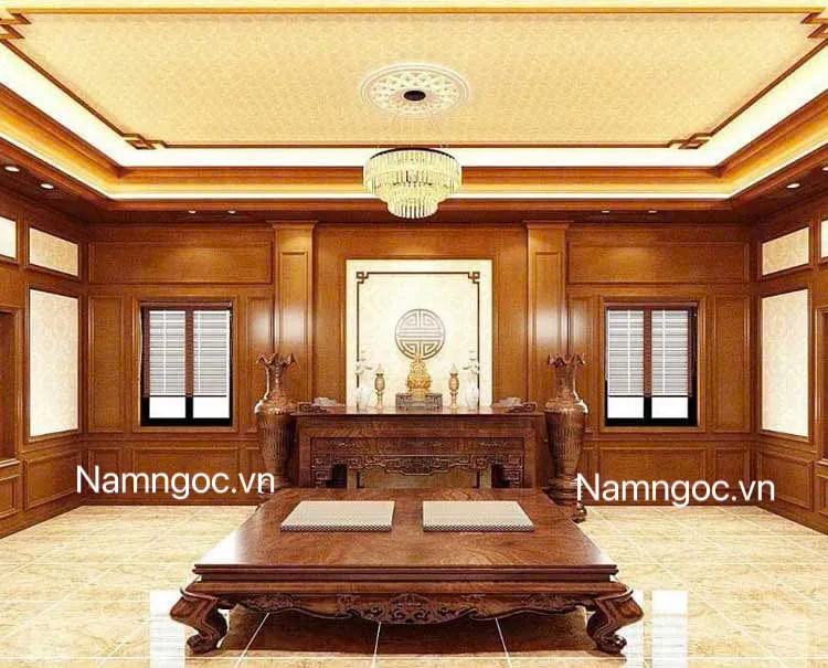 Mẫu vách ngăn phòng thờ ốp tấm nhựa nano vân gỗ hiện đại
