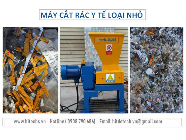 Máy cắt rác thải y tế loại nhỏ (Model Hitech H400), phù hợp cho các cơ sở y tế có quy mô vừa và nhỏ.