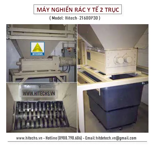 Máy cắt rác thải y tế tốc độ chậm dạng 2 trục (Model Hitech-2T600P30) với khả năng nghiền hiệu quả các vật liệu cứng.
