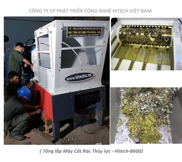 Máy cắt rác y tế công nghệ bào thủy lực (Hitech B600), cung cấp giải pháp nghiền rác hiệu quả và bền bỉ.