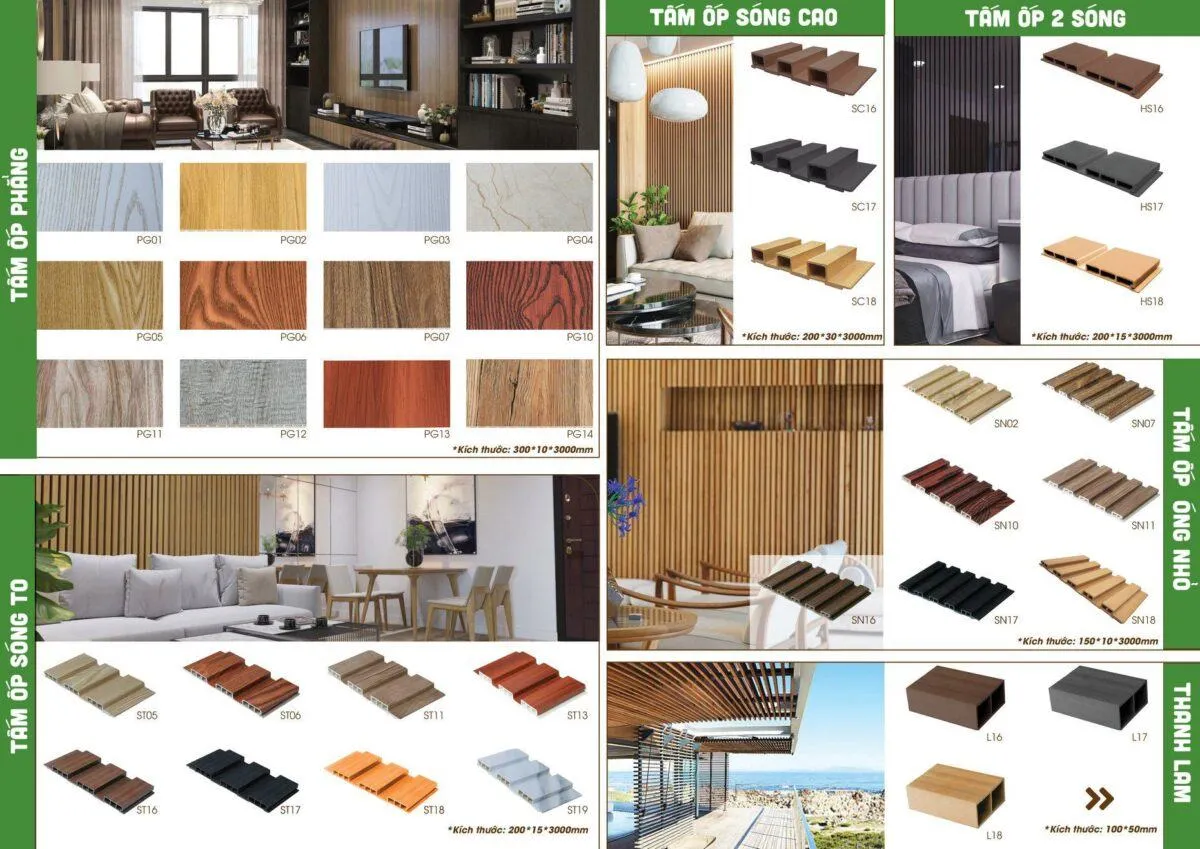 Minh họa các loại tấm composite ốp tường dạng phẳng và dạng sóng, mang đến nhiều phong cách thiết kế.