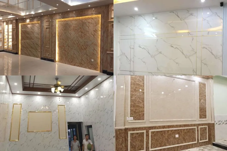 Minh họa ứng dụng tấm alu vân đá trong trang trí mặt tiền cửa hàng hiện đại