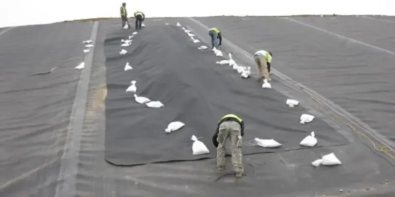 Một phần màng chống thấm HDPE được đánh dấu vị trí khuyết tật sau khi kiểm tra bằng thí nghiệm tia lửa điện, minh chứng cho tầm quan trọng của việc phát hiện sớm.
