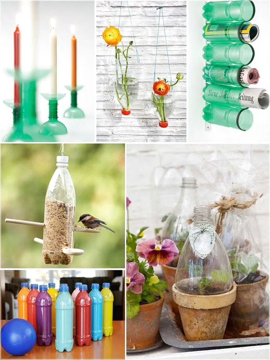 Những vật dụng tái chế đa năng từ chai nhựa như đế đèn nến, chậu treo cây, giá đựng báo, hộp thức ăn cho chim, và lồng bảo vệ cây con.