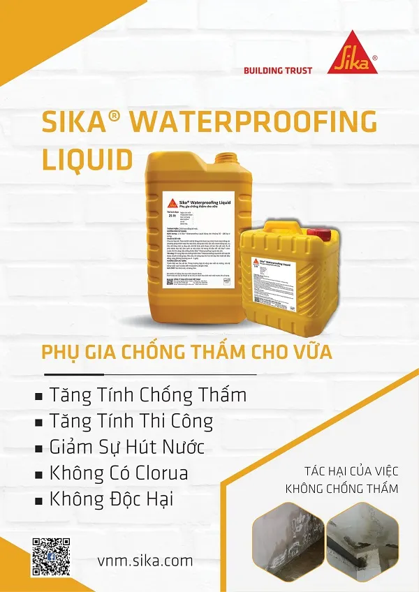 Nước Sika Waterproofing Liquid pha với vữa xi măng cát để chống thấm