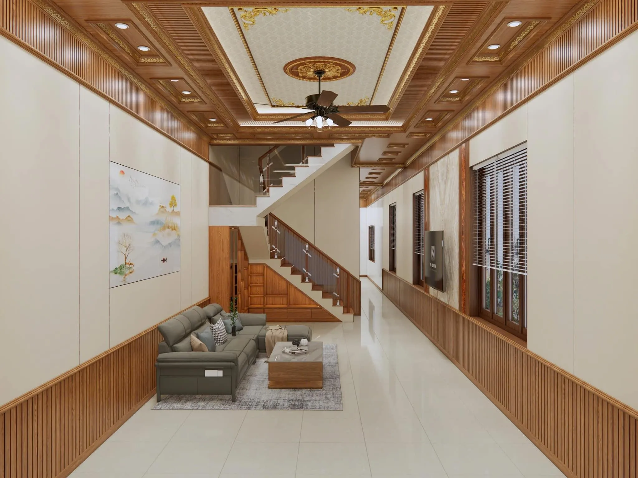 Ốp chân tường phòng ngủ bằng nhựa PVC lam sóng