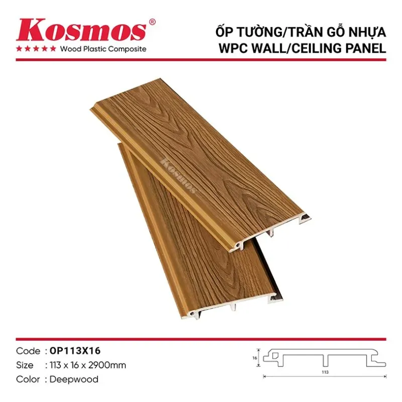 Ốp gỗ nhựa phẳng ASA màu Deep Wood mã OP113X16 tạo điểm nhấn