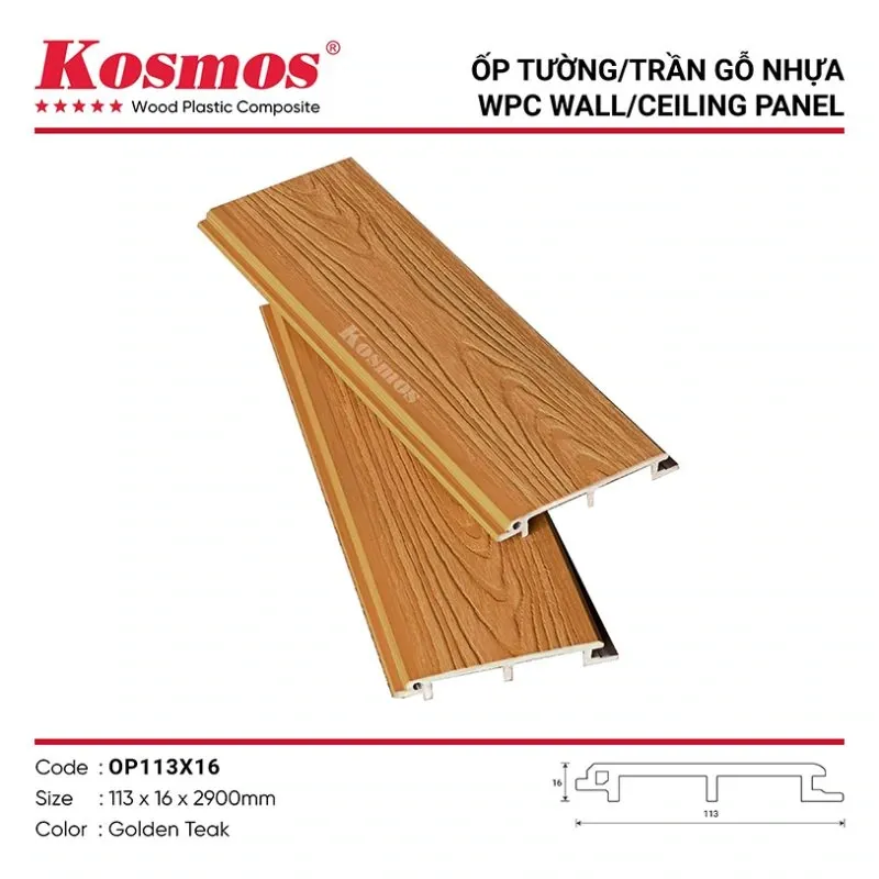 Ốp gỗ nhựa phẳng ASA màu Golden Teak mã OP113X16 với hèm ngắn tiện dụng