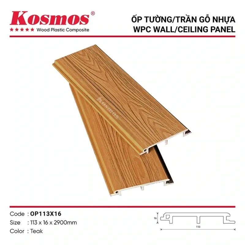 Ốp gỗ nhựa phẳng ASA màu Teak mã OP113X16 cho không gian ấm cúng