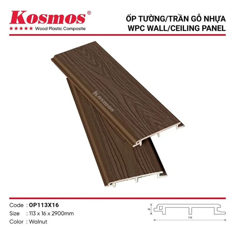 Ốp gỗ nhựa phẳng ASA màu Walnut mã OP113X16 vẻ đẹp tự nhiên