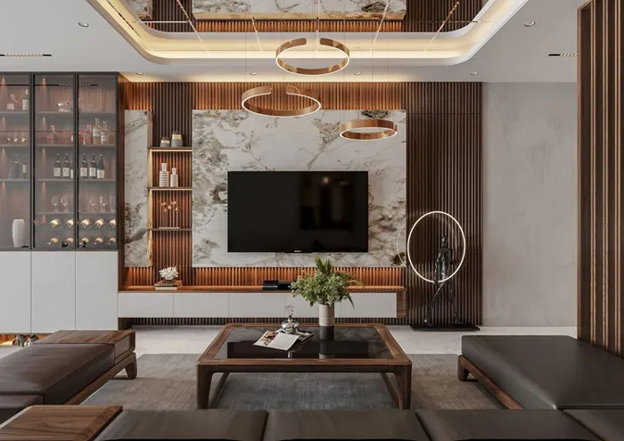 Ốp vách tivi bằng lam sóng nhựa PVC kết hợp vân đá trắng