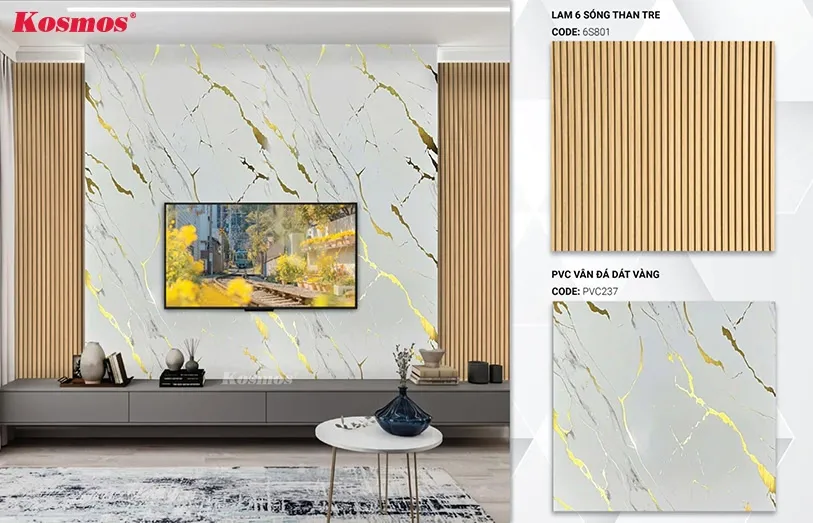 Phối hợp PVC vân đá vàng PVC237 và tấm ốp lam sóng than tre 6S801 tạo điểm nhấn