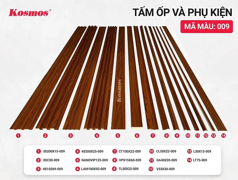 Phối hợp tấm nhựa PVC vân gỗ và phụ kiện đồng màu 009