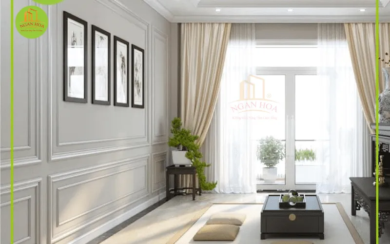 Phòng ăn hiện đại sử dụng tấm nhựa ốp tường vân đá, kết hợp hài hòa với nội thất, dễ dàng vệ sinh và chống ẩm mốc hiệu quả.