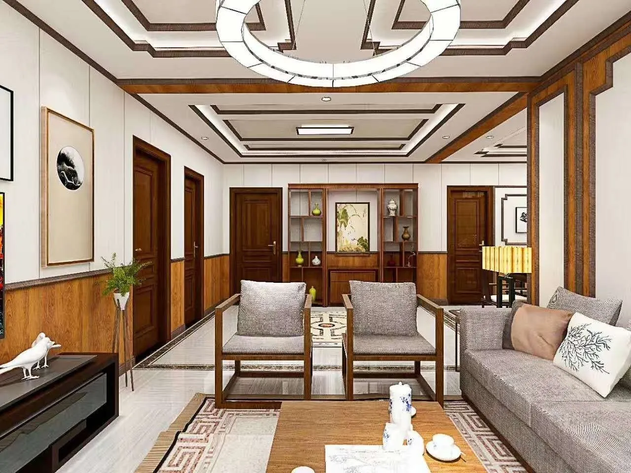 Phòng khách ốp nhựa giả gỗ toàn bộ không gian