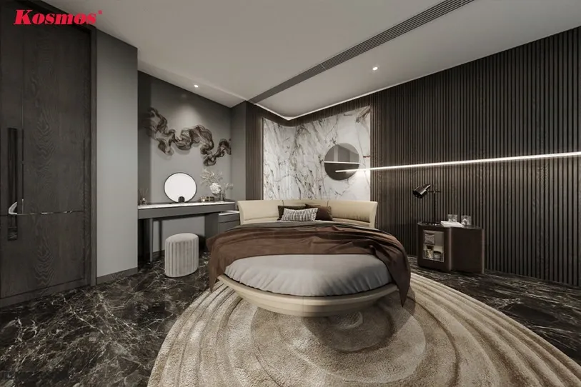 Phòng ngủ ấm cúng với ốp PVC giả gỗ vân tự nhiên