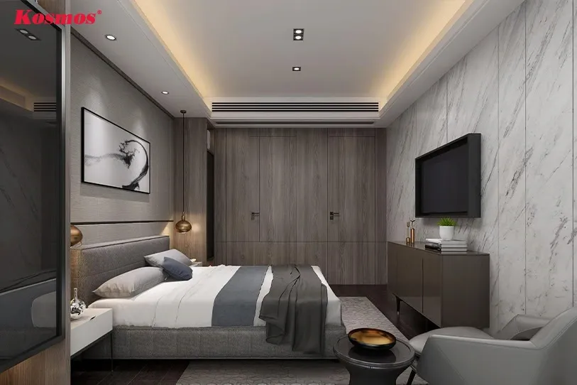 Phòng ngủ sang trọng, thời thượng với tấm ốp PVC giả đá