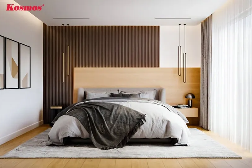 Phòng ngủ sử dụng tấm nhựa PVC ốp tường tạo không gian ấm cúng