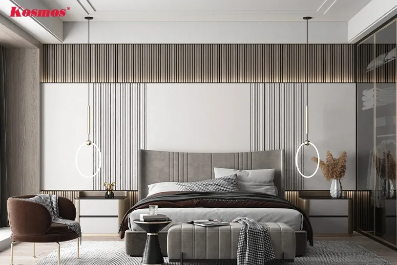 Phòng ngủ với sự kết hợp hài hòa giữa tấm ốp PVC lam sóng và tấm Nano