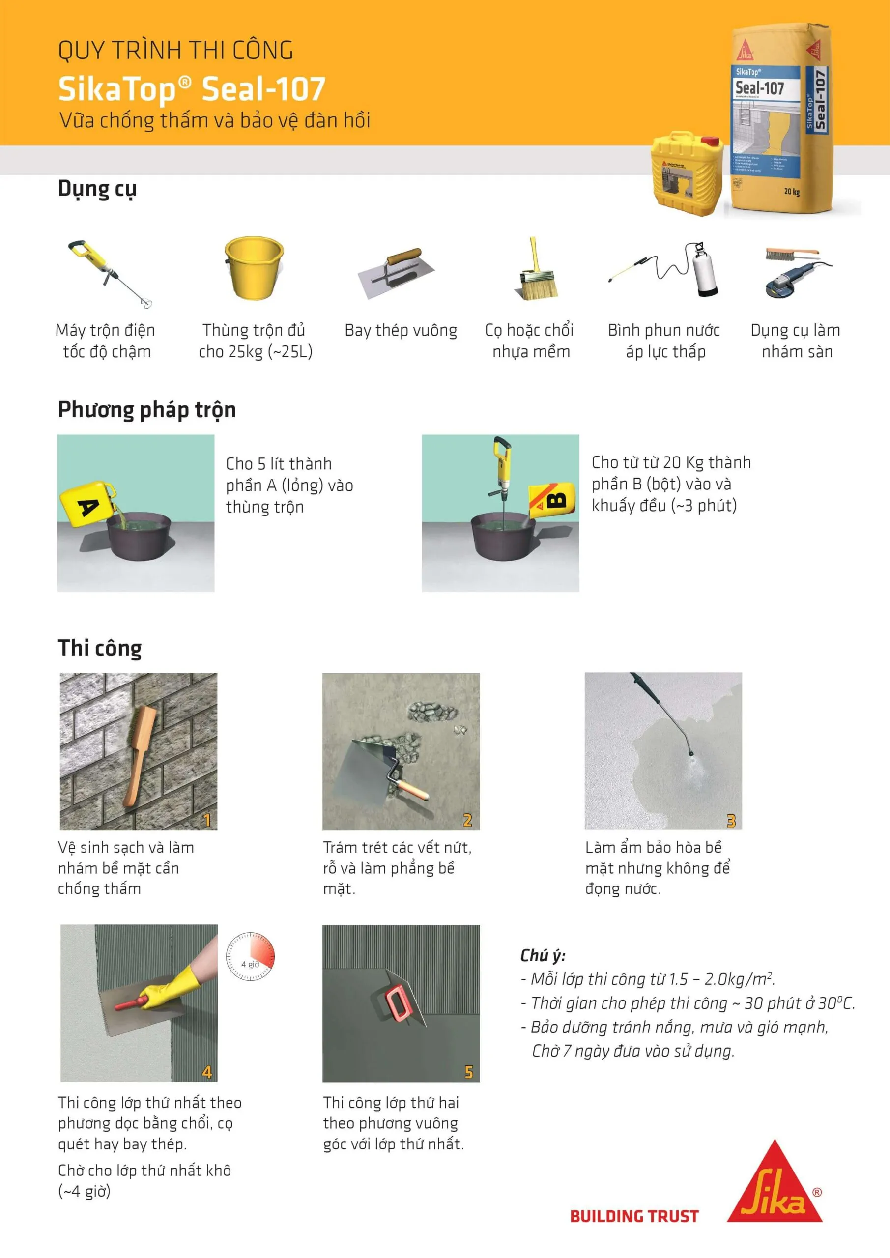 Quy trình 5 bước thi công sika latex 107 Sikatop Seal 107 chống thấm hiệu quả