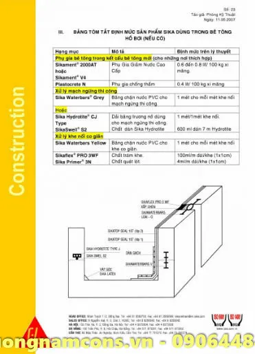 Quy trình chống thấm hồ bơi bằng Sika, minh họa các lớp vật liệu xi măng polyme