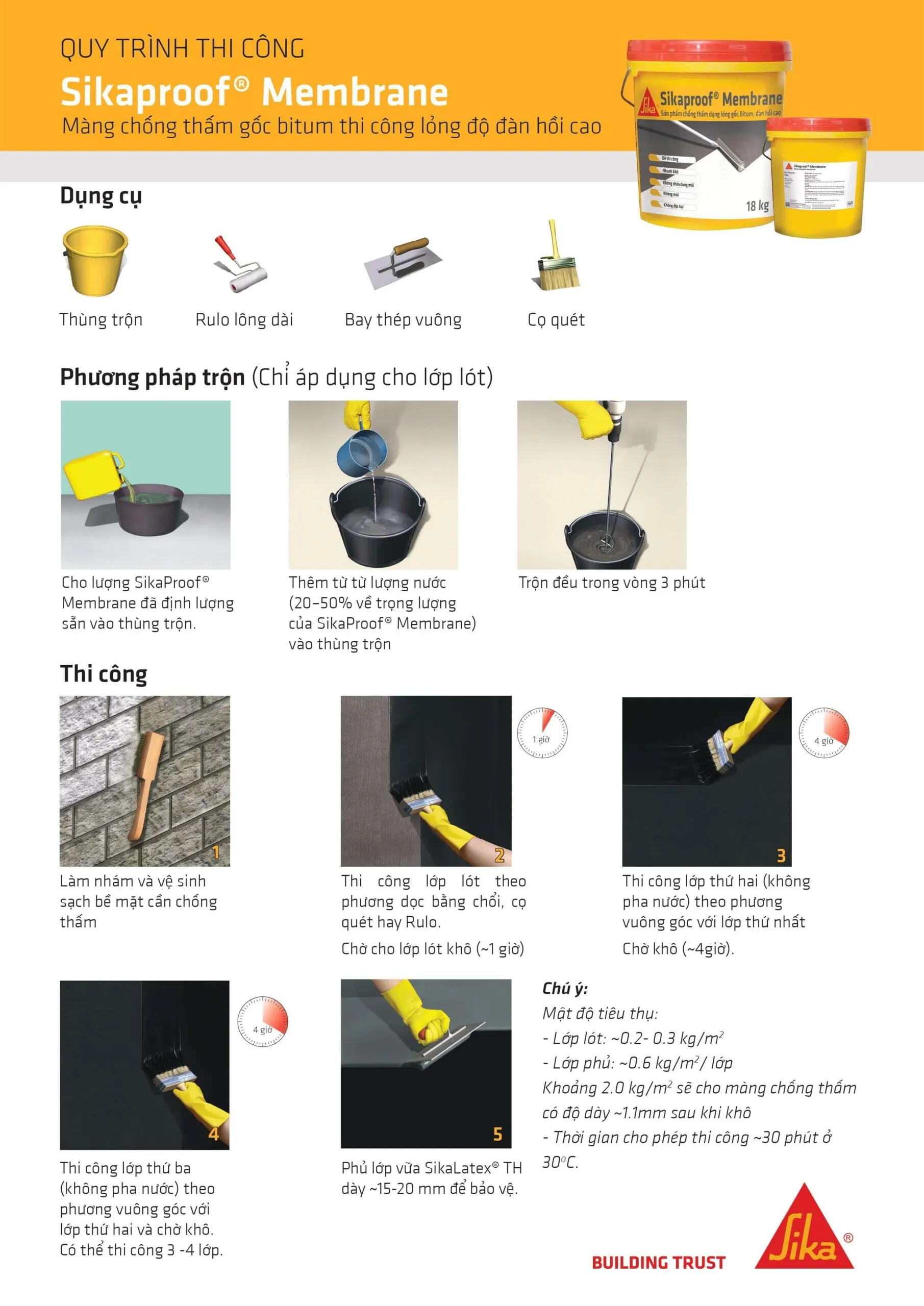 Quy trình thi công chống thấm Sikaproof Membrane từng bước chi tiết.