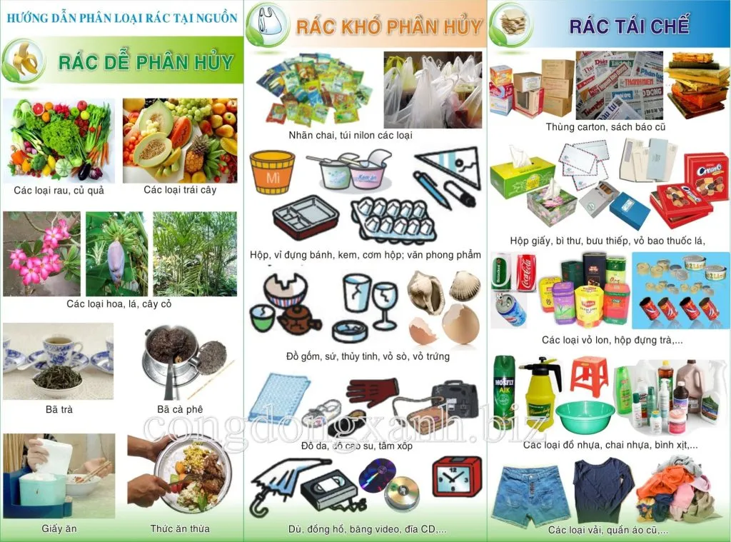 Sơ đồ hướng dẫn phân loại rác thải tại nguồn thành rác dễ phân hủy và rác khó phân hủy