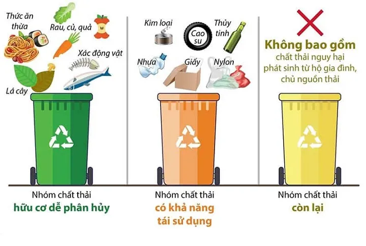 Sơ đồ phân loại các loại rác thải sinh hoạt thành hữu cơ, tái chế và vô cơ